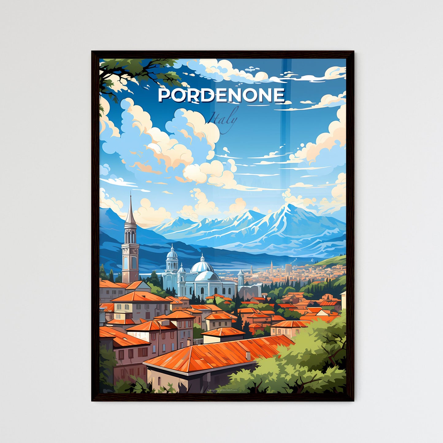 Pordenone, Italy, A Poster of a city with red roofs and mountains in the background Default Title