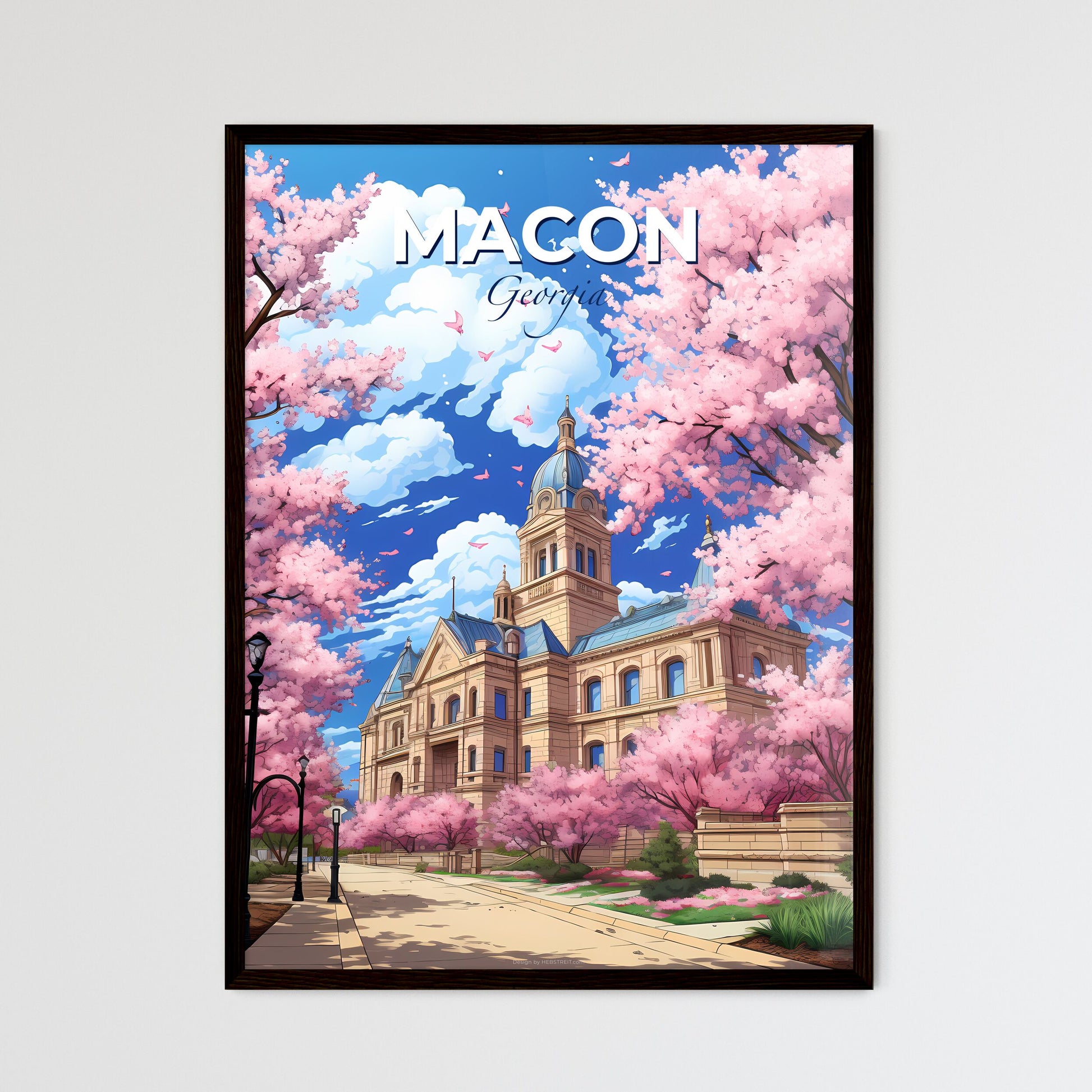 Macon, Georgia, A Poster of a building with a tower and a walkway with pink trees Default Title