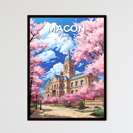 Macon, Georgia, A Poster of a building with a tower and a walkway with pink trees Default Title