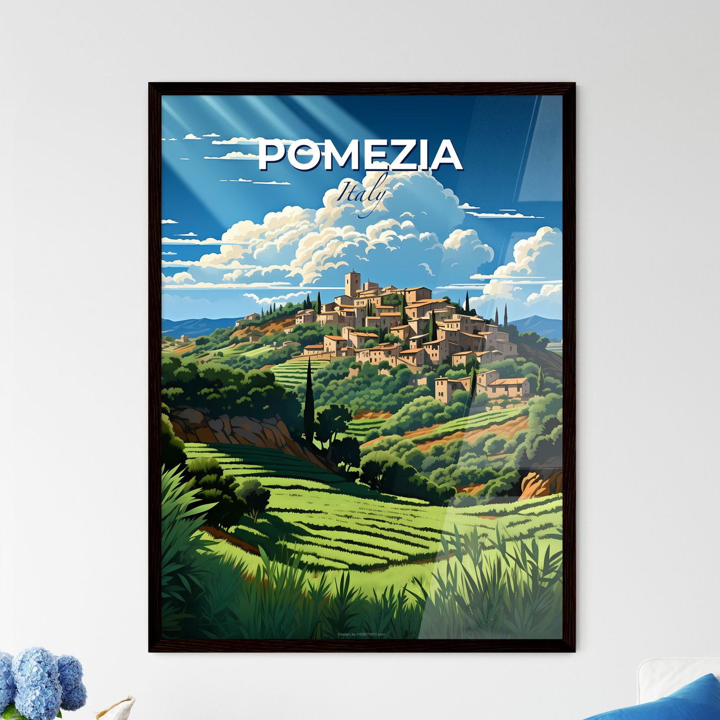 Pomezia, Italy, A Poster of a landscape with a village on a hill Default Title