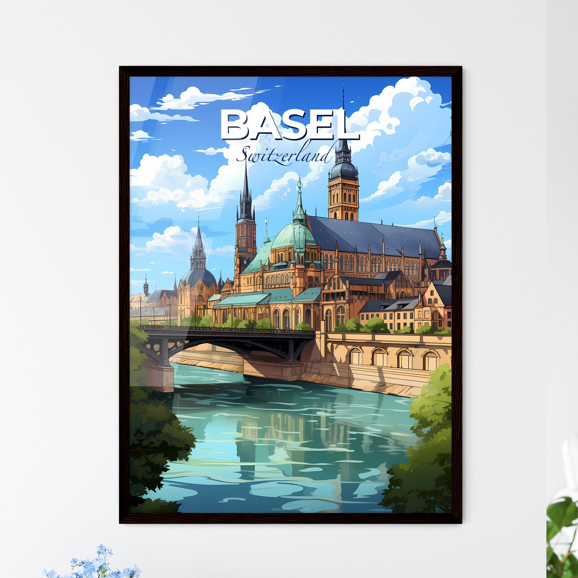 Basel, Switzerland, A Poster of a large building with towers and a bridge over a river Default Title