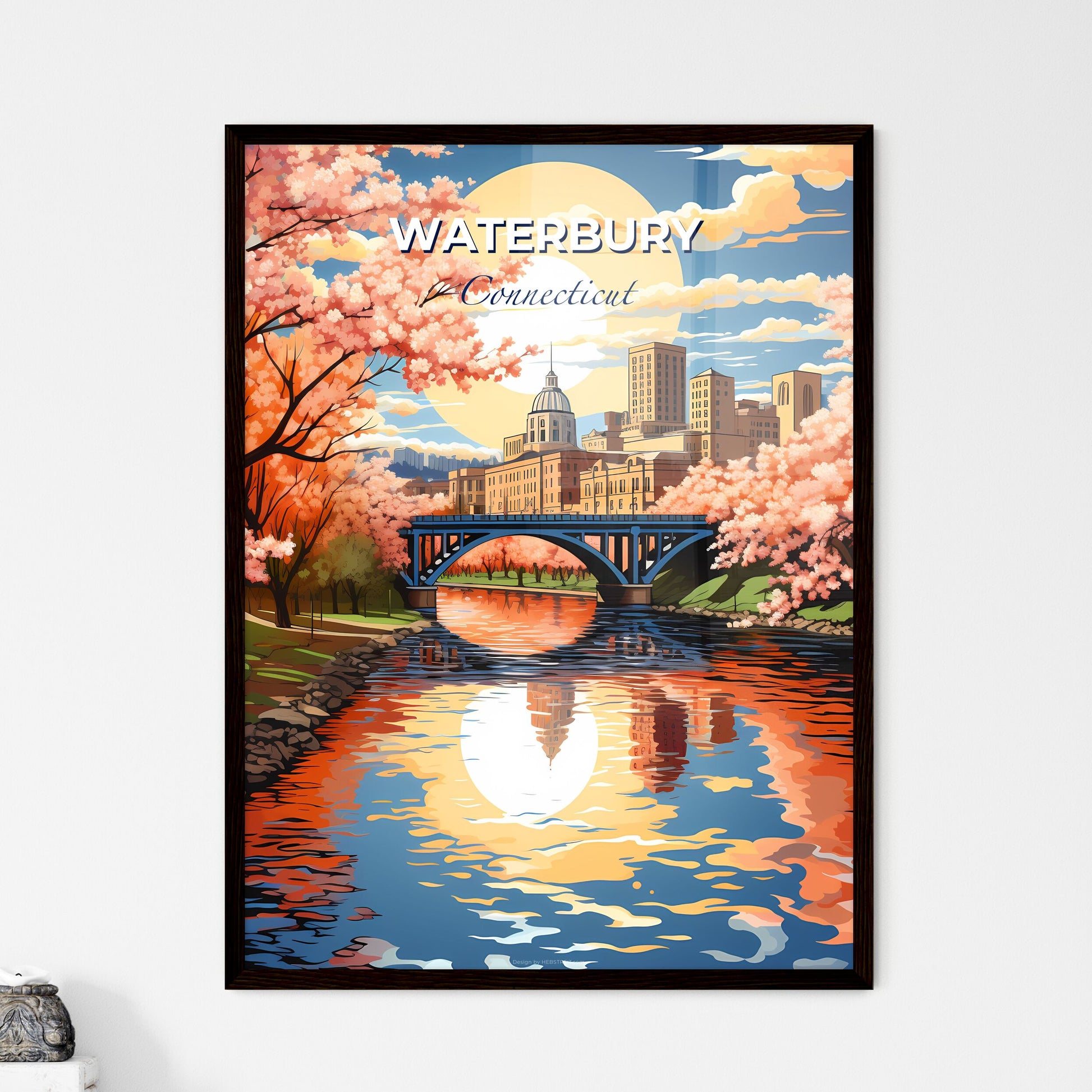 Waterbury, Connecticut, A Poster of a bridge over a river with pink flowers Default Title