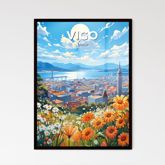 Vigo, Spain, A Poster of a view of a city with orange flowers and a bridge over water Default Title