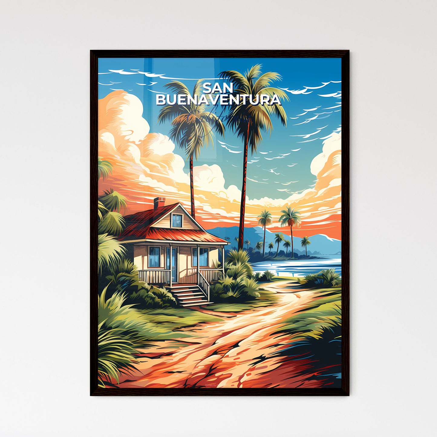 San Buenaventura, California, A Poster of a house on a beach with palm trees and a body of water Default Title