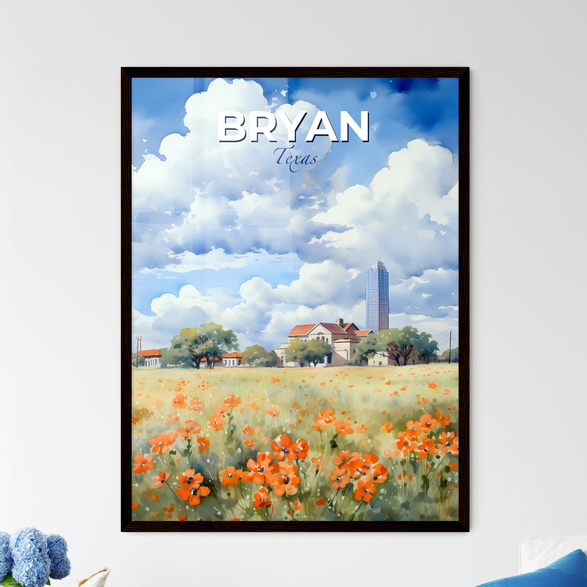 Bryan, Texas, A Poster of a field of flowers with buildings in the background Default Title
