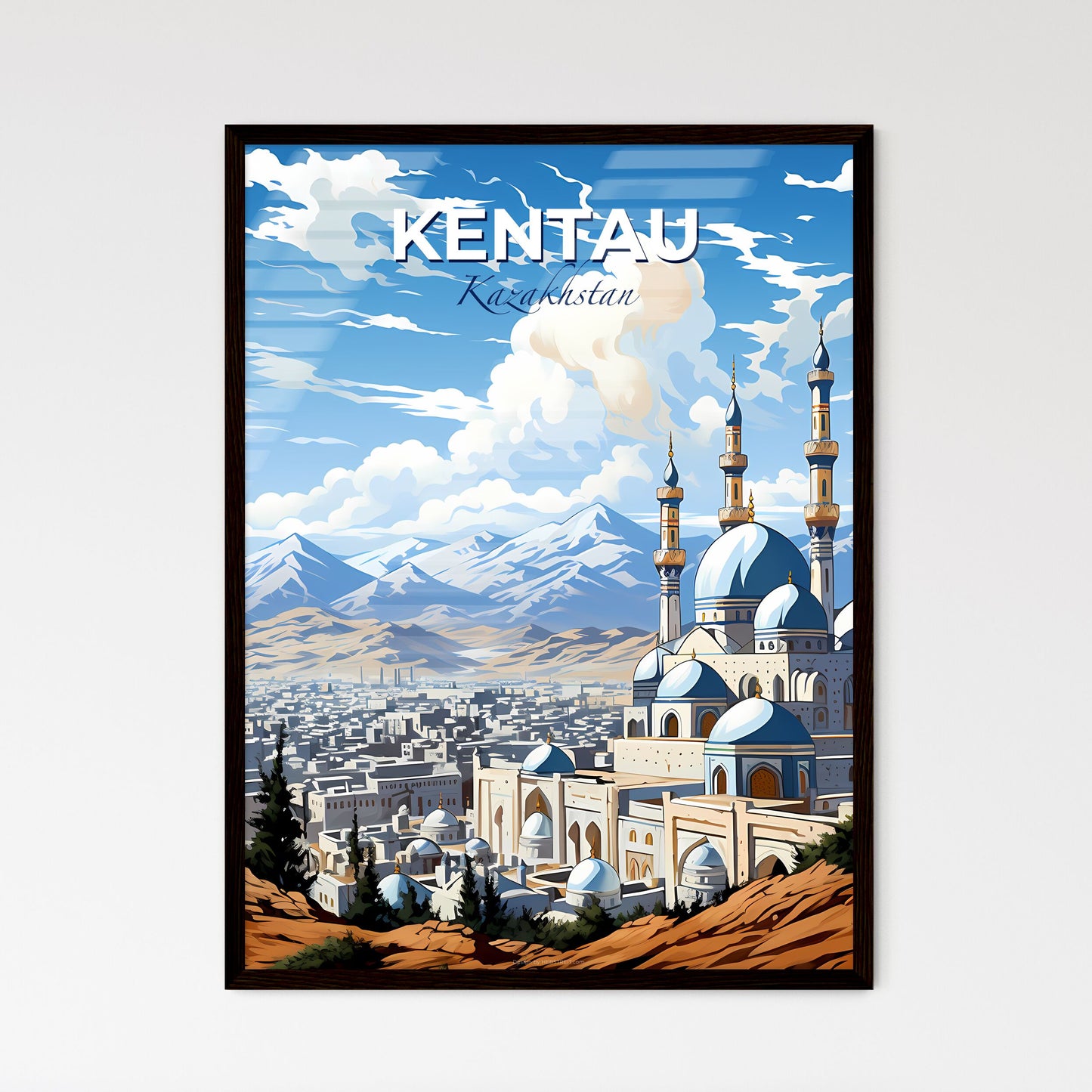 Kentau, Kazakhstan, A Poster of a city with a large building and mountains in the background Default Title