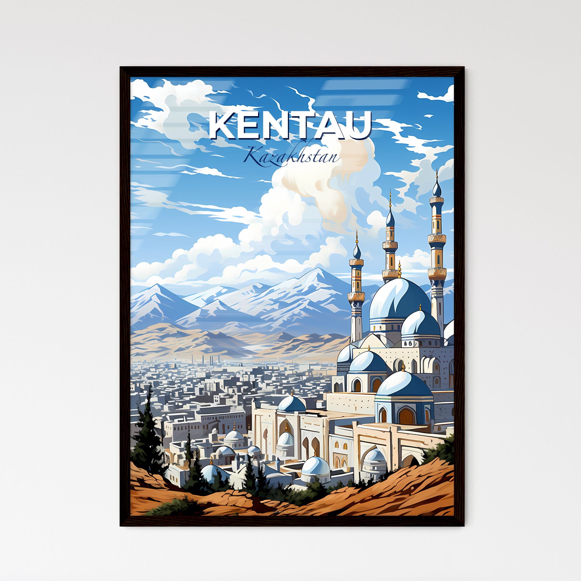 Kentau, Kazakhstan, A Poster of a city with a large building and mountains in the background Default Title