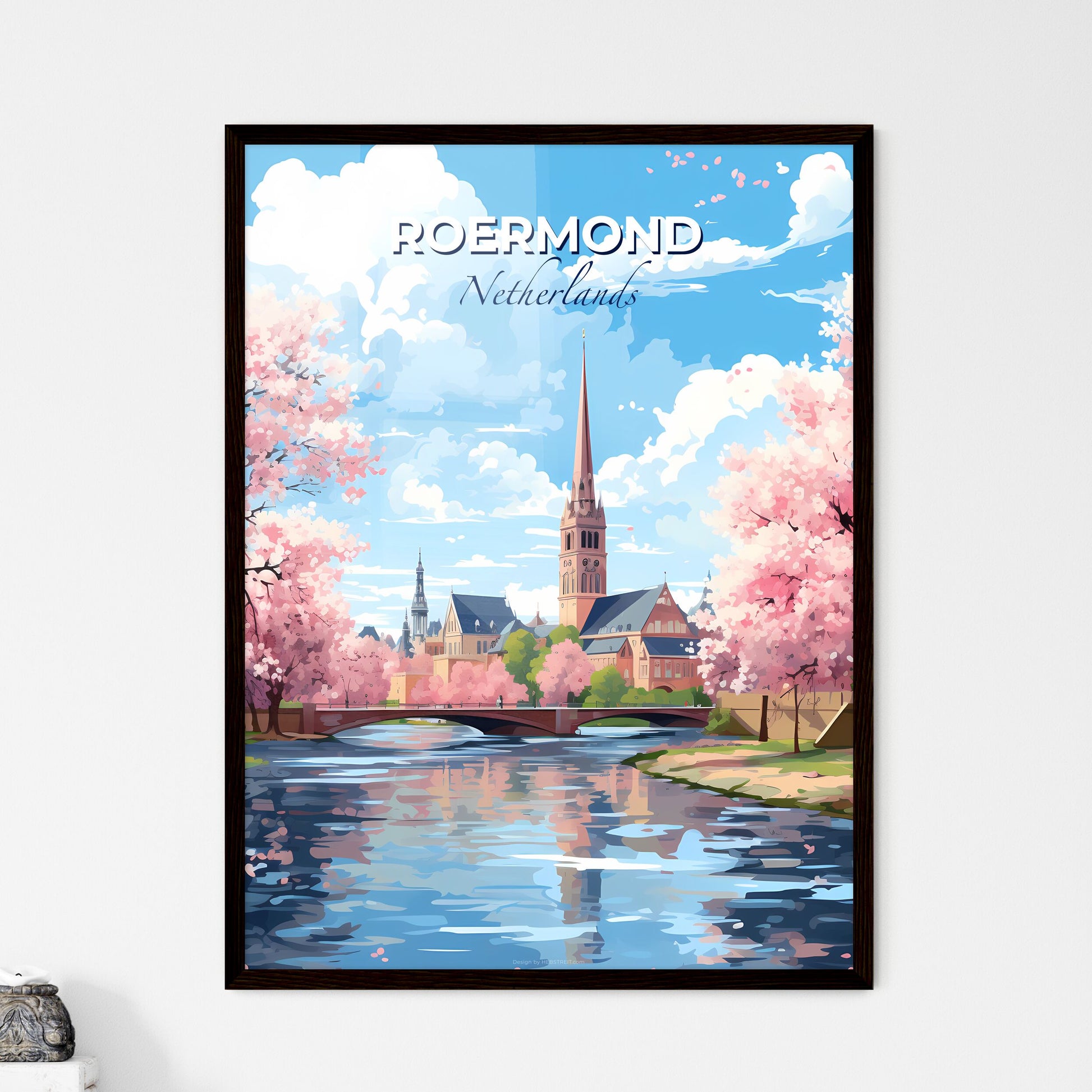Roermond, Netherlands, A Poster of a river with a bridge and a church in the background Default Title