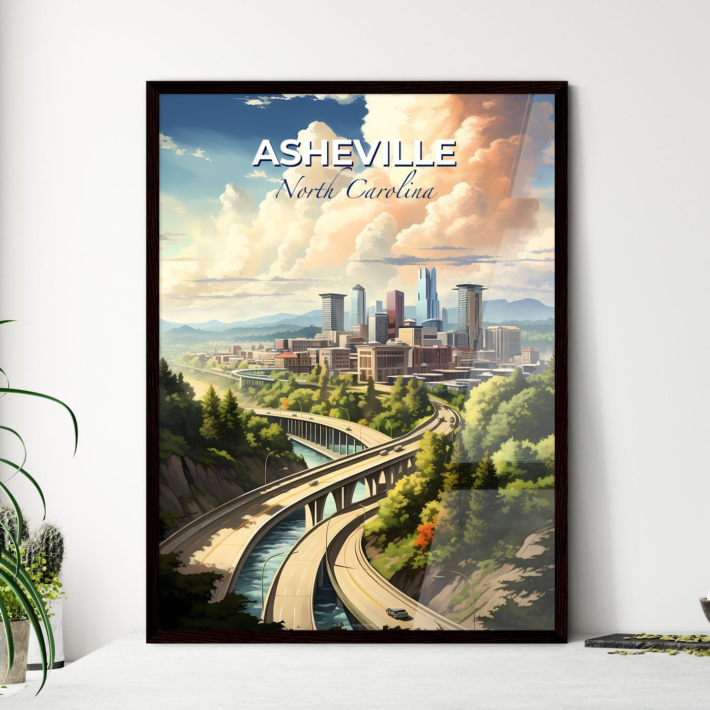 Asheville, North Carolina, A Poster of a city with a bridge and trees Default Title