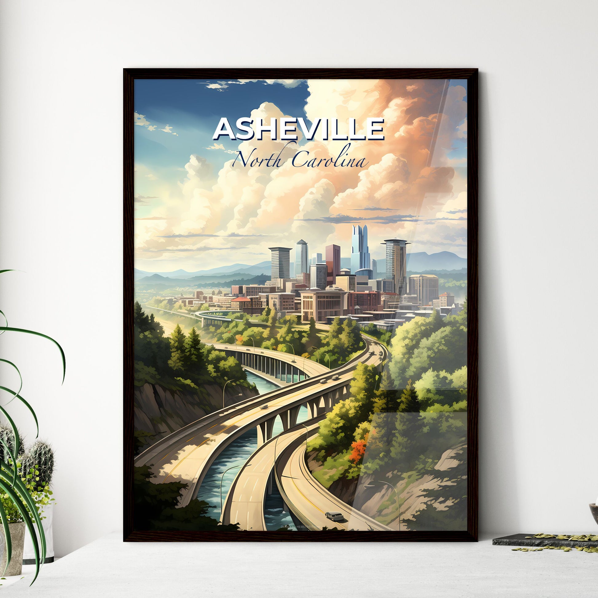 Asheville, North Carolina, A Poster of a city with a bridge and trees Default Title