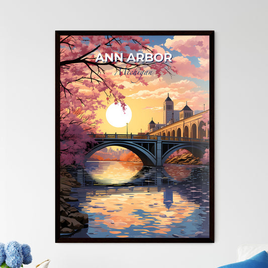 Ann Arbor, Michigan, A Poster of a bridge over a river with pink blossoms Default Title