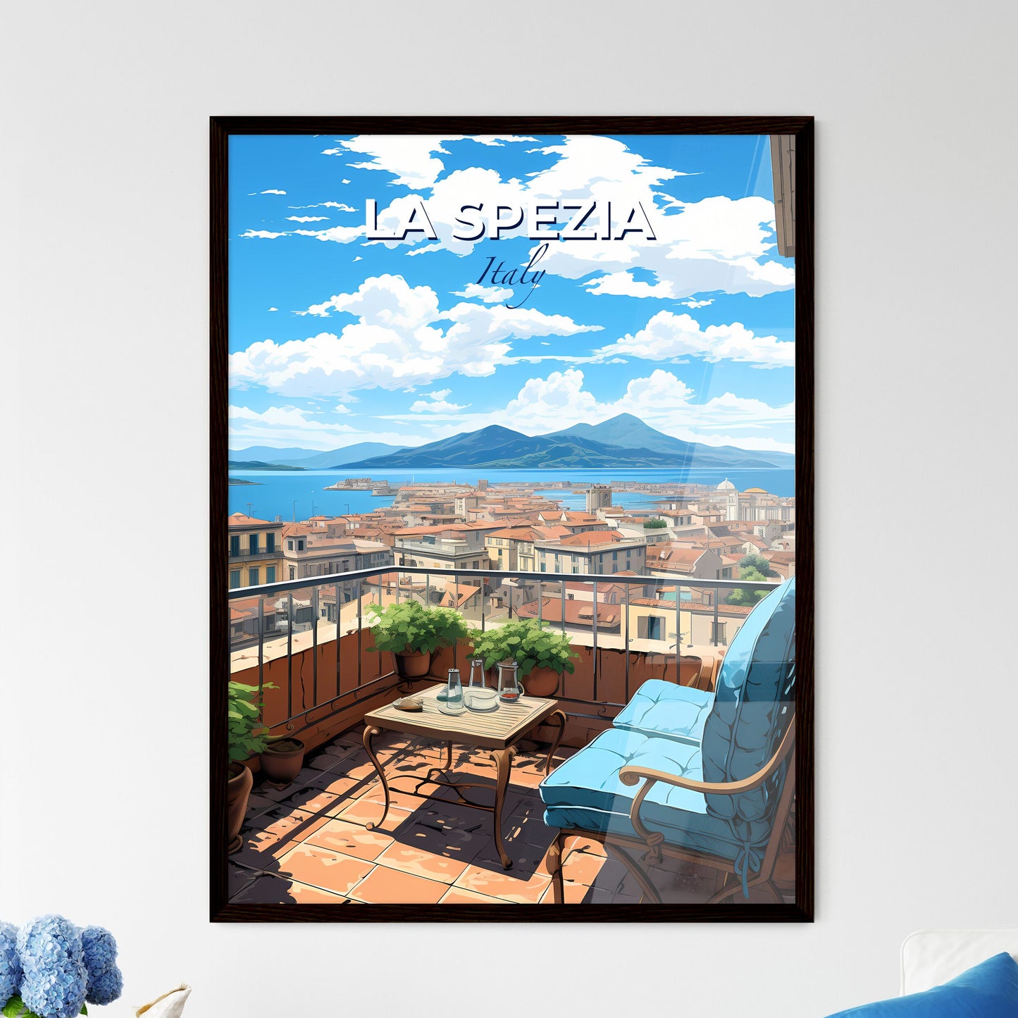 La Spezia, Italy, A Poster of a balcony with a view of a city and mountains Default Title