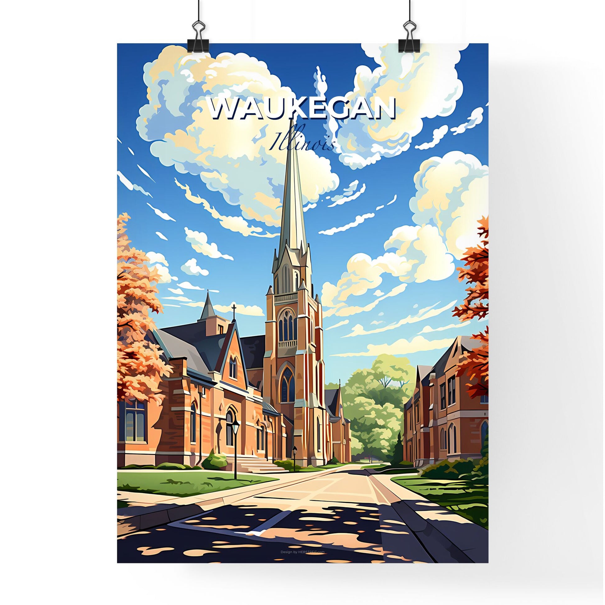 Waukegan, Illinois, A Poster of a church with a steeple and trees Default Title