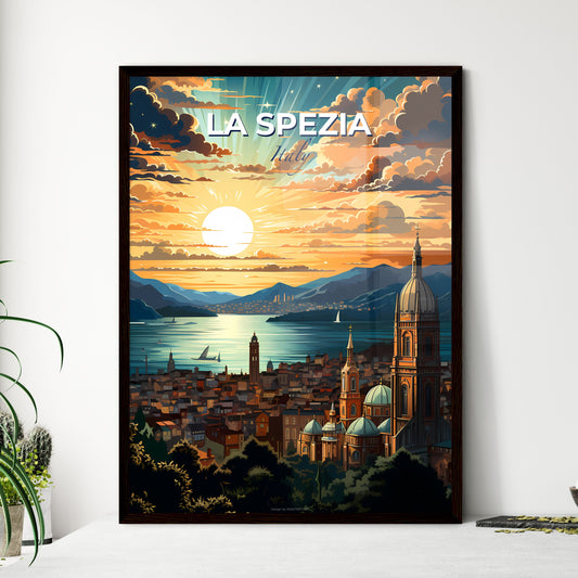 La Spezia, Italy, A Poster of a city with a large building and a body of water with mountains and a sunset Default Title