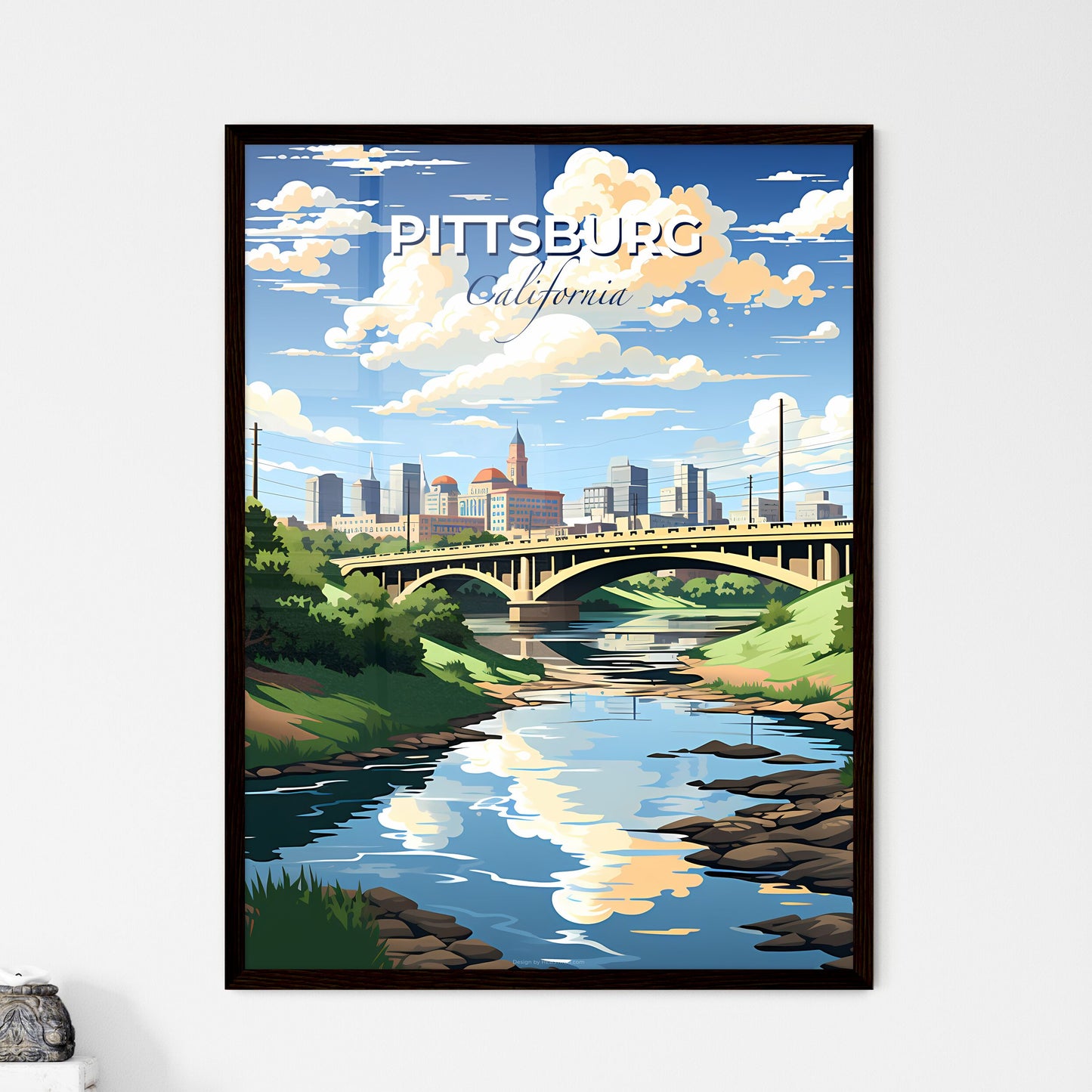 Pittsburg, California, A Poster of a bridge over a river with trees and a city in the background Default Title