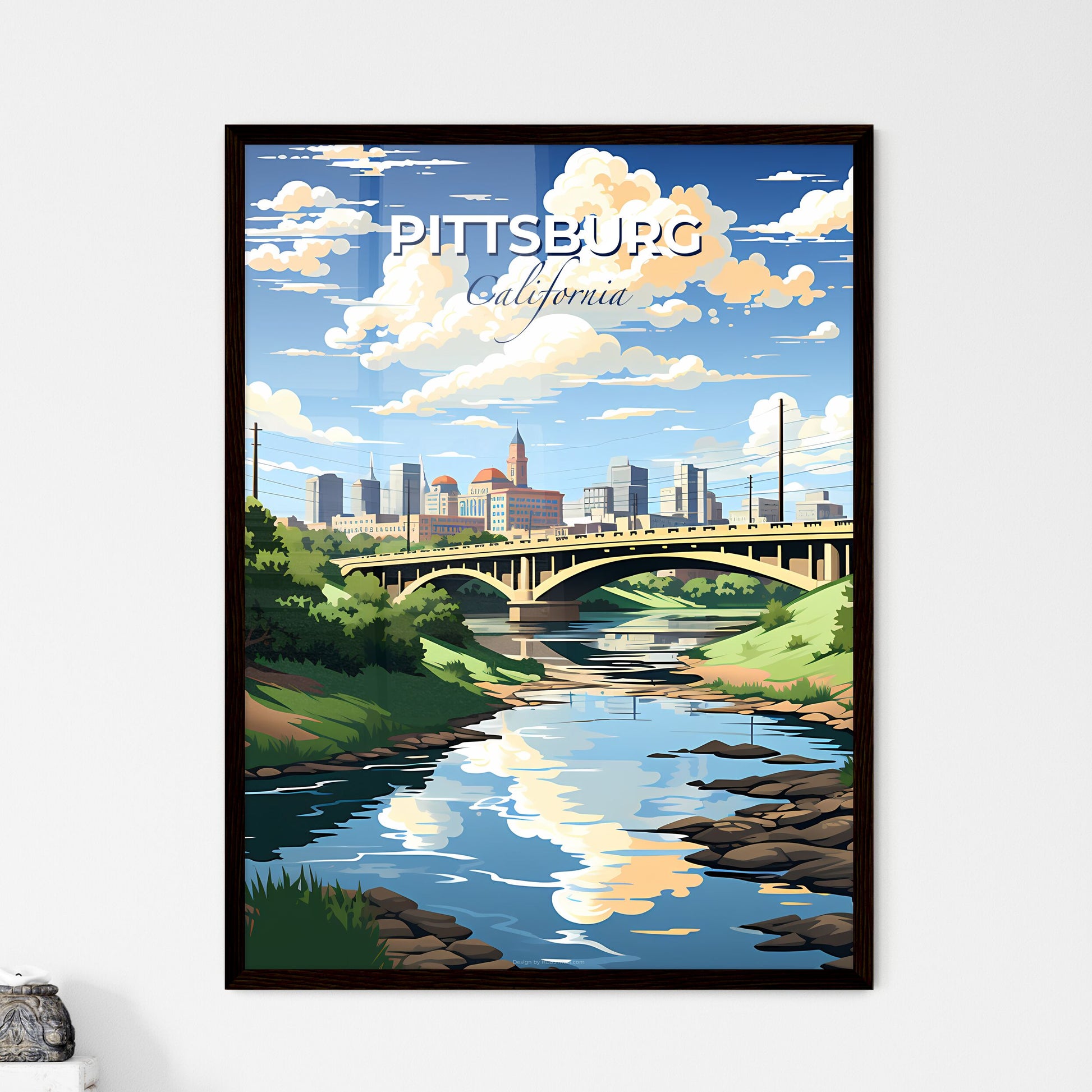 Pittsburg, California, A Poster of a bridge over a river with trees and a city in the background Default Title