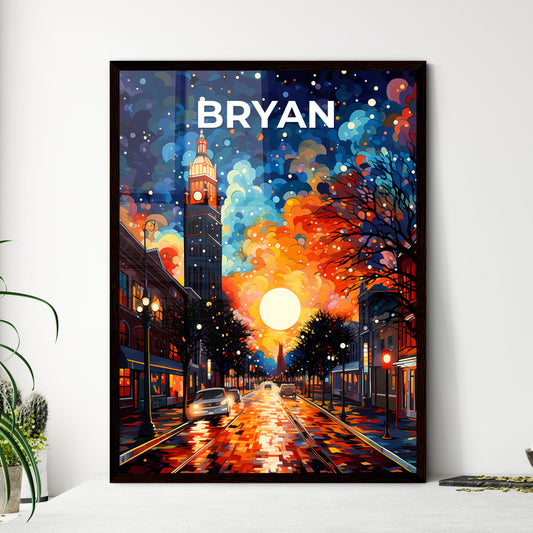 Bryan, Texas, A Poster of a street with a clock tower and a colorful sky Default Title