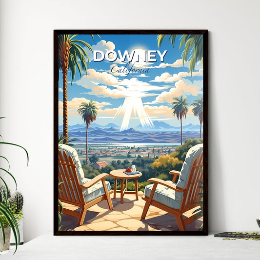 Downey, California, A Poster of a chair and table with palm trees and mountains in the background Default Title