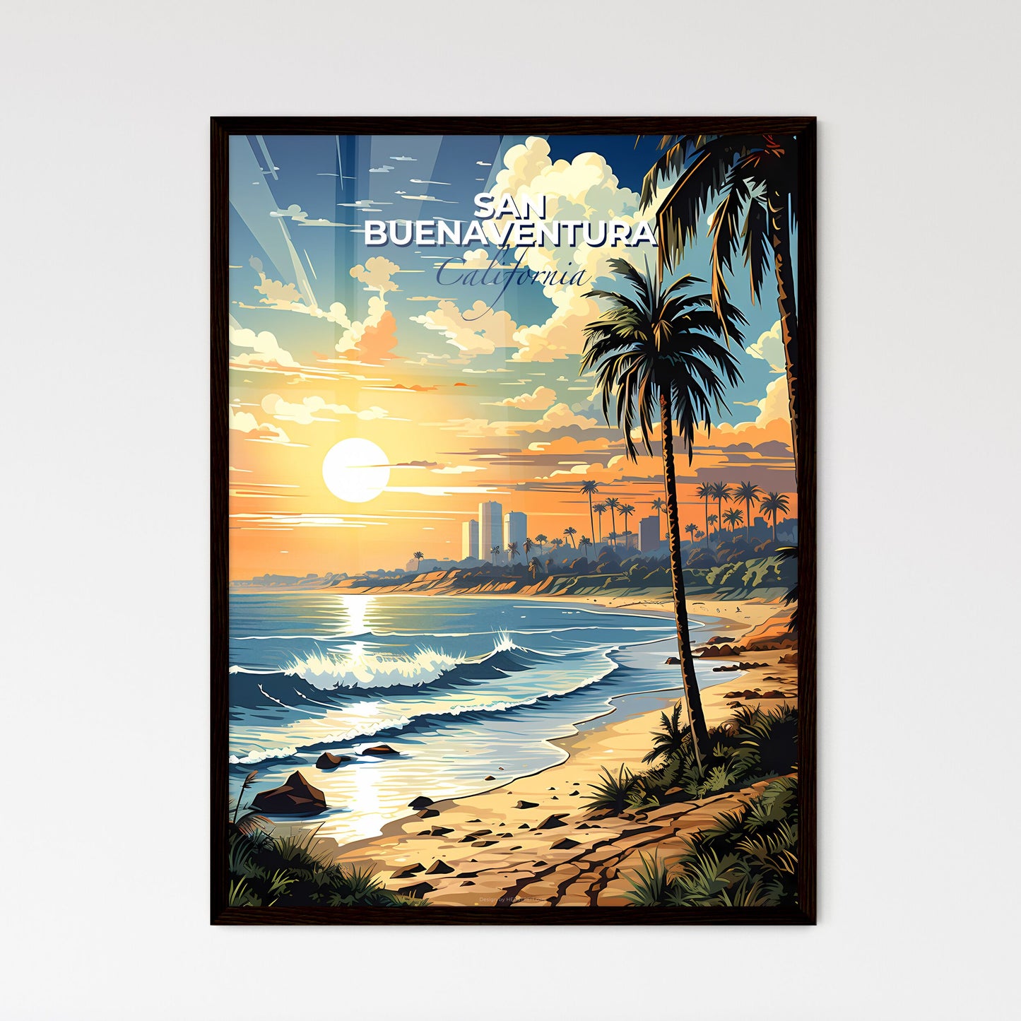 San Buenaventura, California, A Poster of a beach with palm trees and waves Default Title