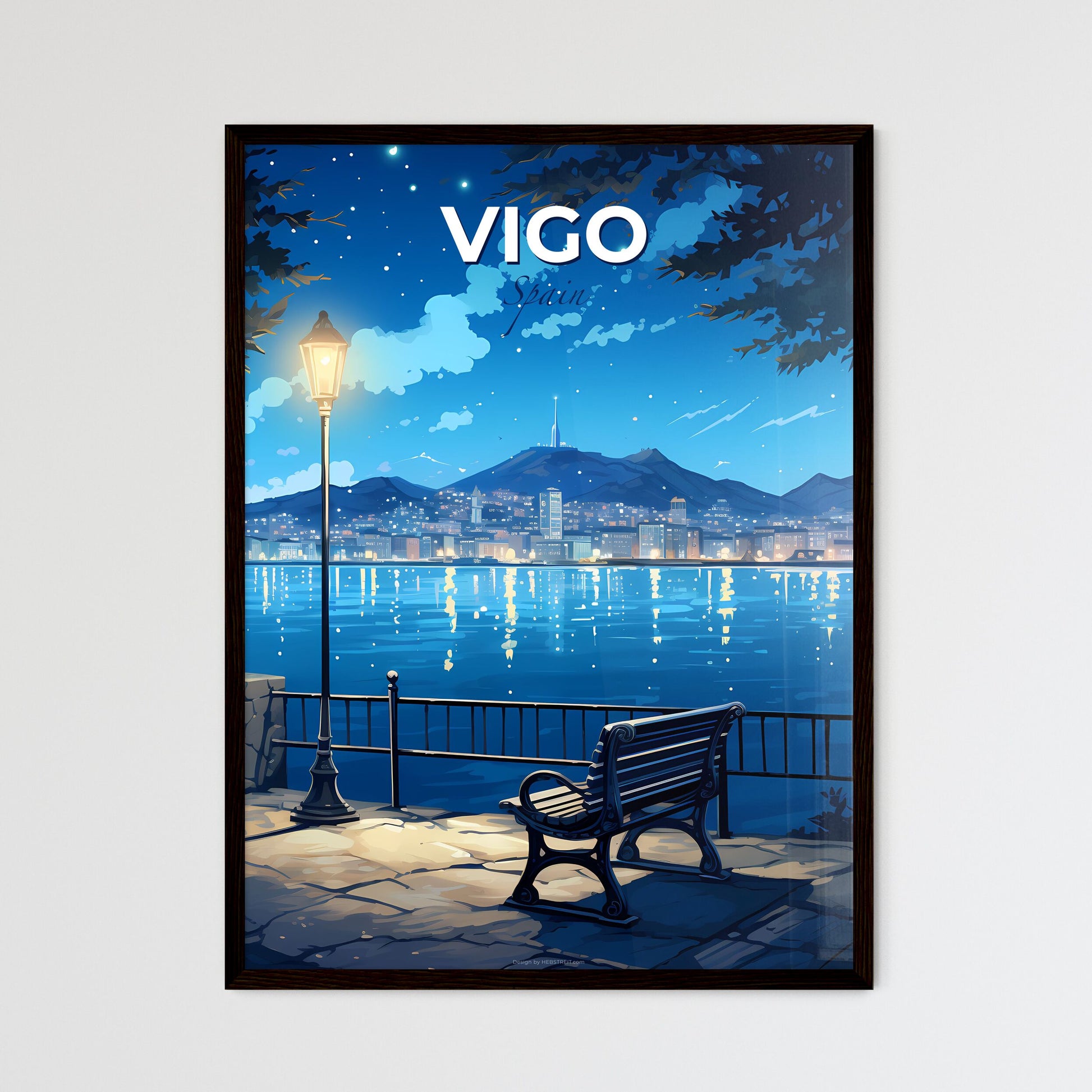 Vigo, Spain, A Poster of a bench and a lamp next to a body of water Default Title