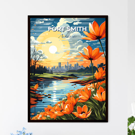 Fort Smith, Arkansas, A Poster of a river with orange flowers and a city in the background Default Title