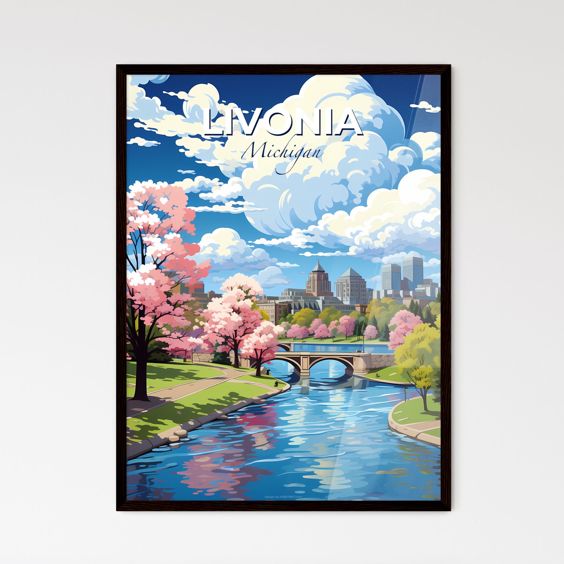 Livonia, Michigan, A Poster of a river with a bridge and trees and a city in the background Default Title