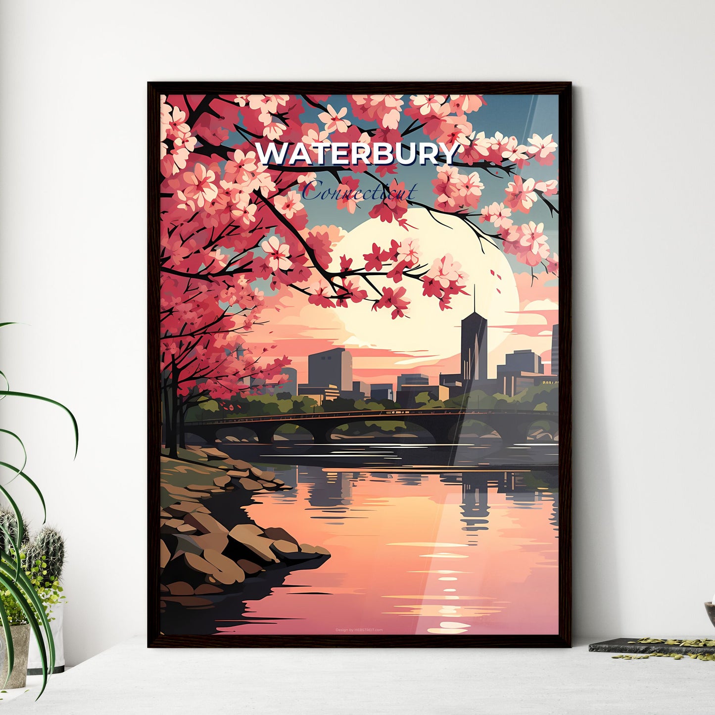 Waterbury, Connecticut, A Poster of a river with pink flowers and a bridge in the background Default Title
