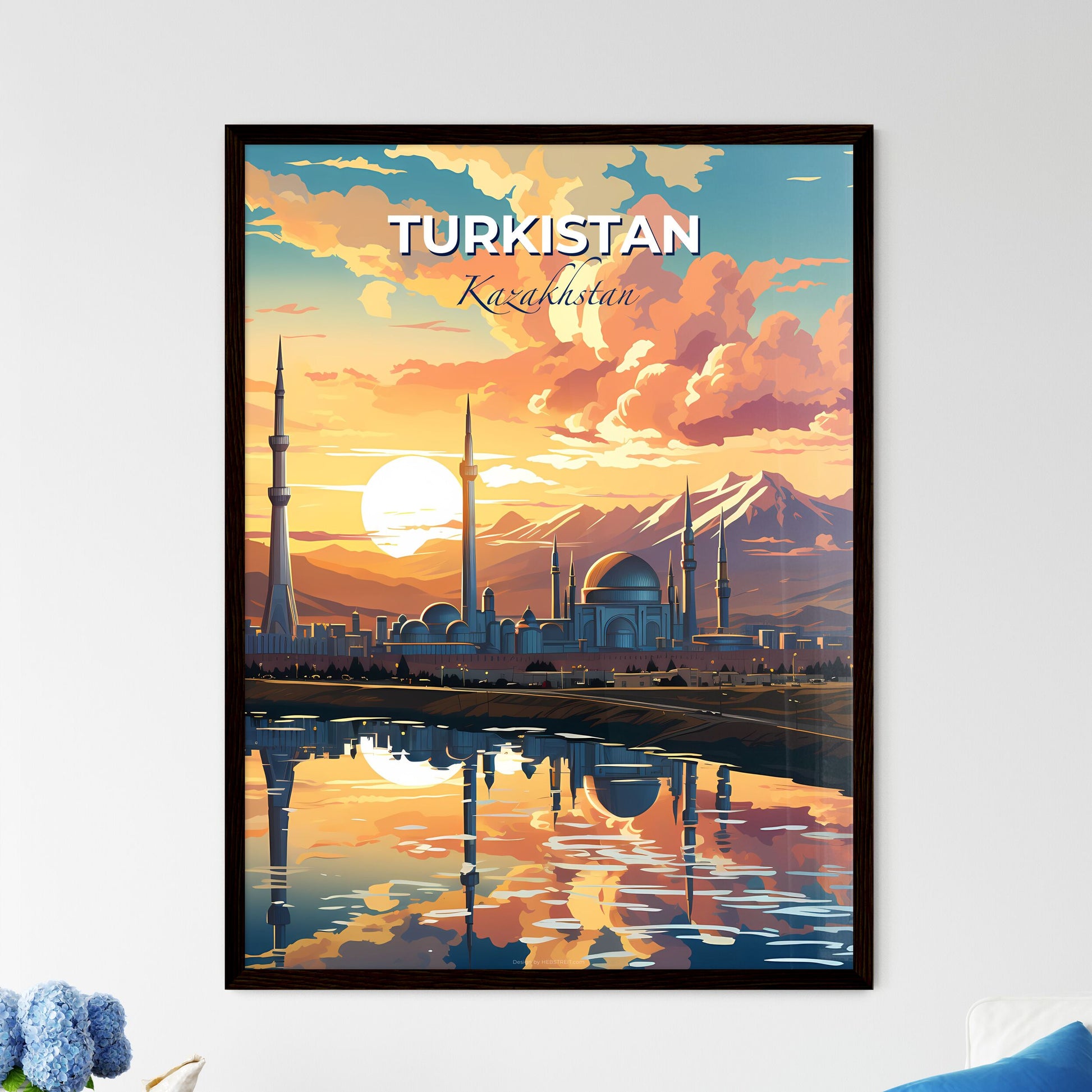Turkistan, Kazakhstan, A Poster of a city with towers and mountains in the background Default Title