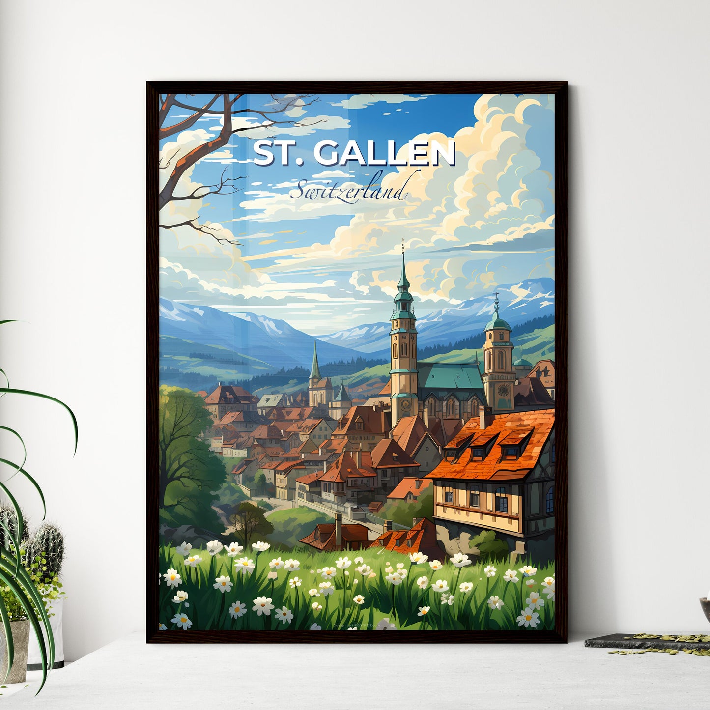 St. Gallen, Switzerland, A Poster of a town with a steeple and trees and mountains Default Title