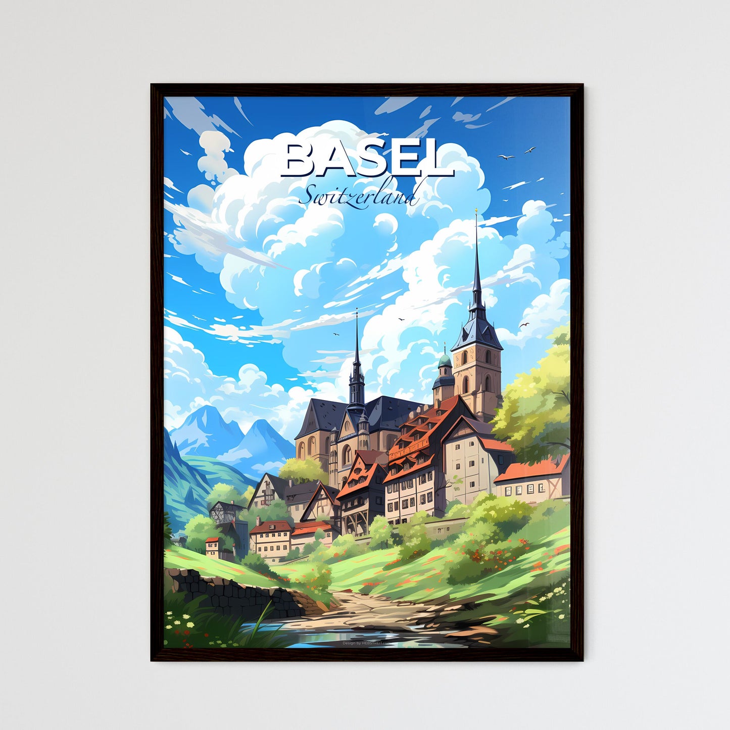Basel, Switzerland, A Poster of a landscape of a town with a castle and mountains Default Title