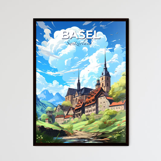 Basel, Switzerland, A Poster of a landscape of a town with a castle and mountains Default Title