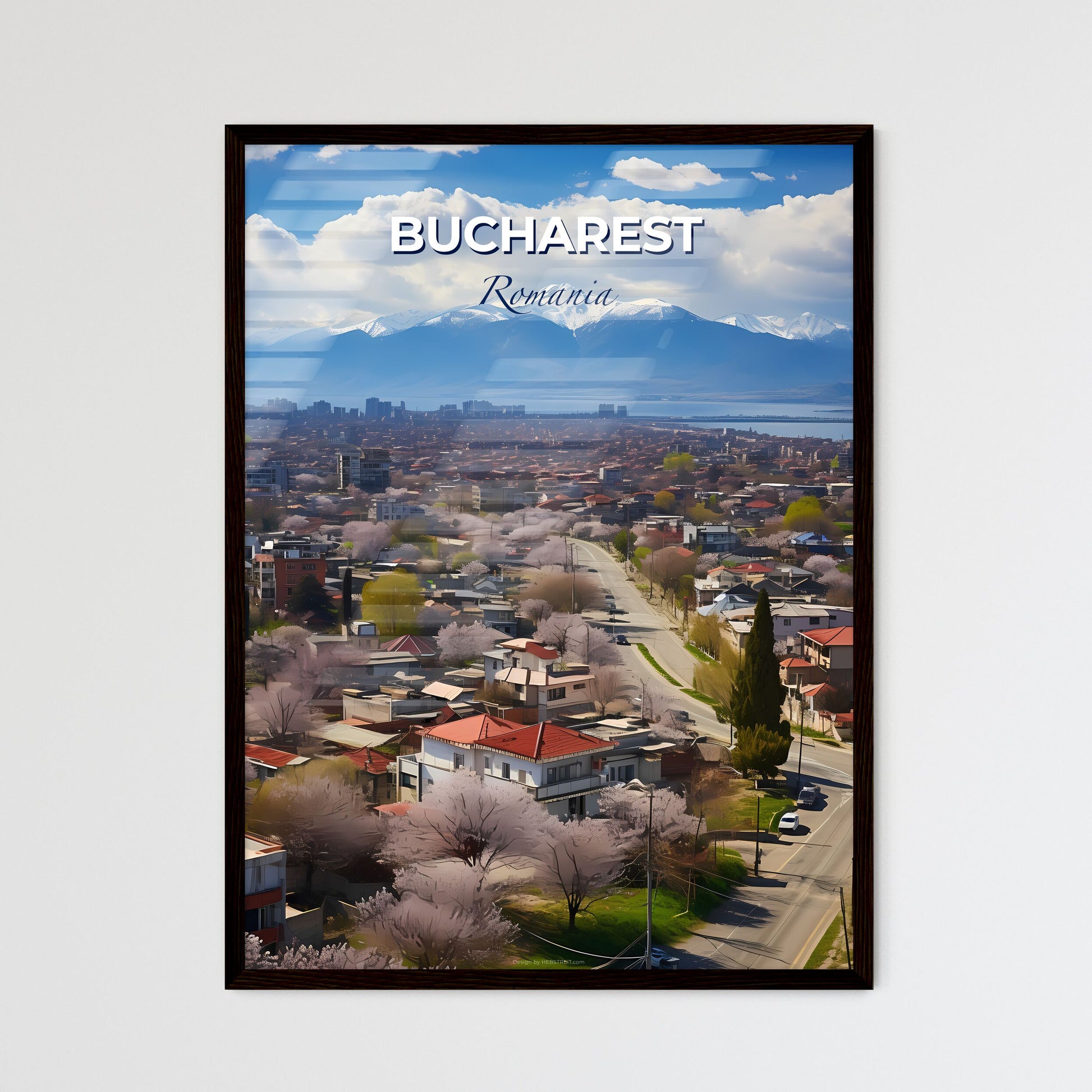 Bucharest, Romania, A Poster of a city with trees and mountains in the background Default Title