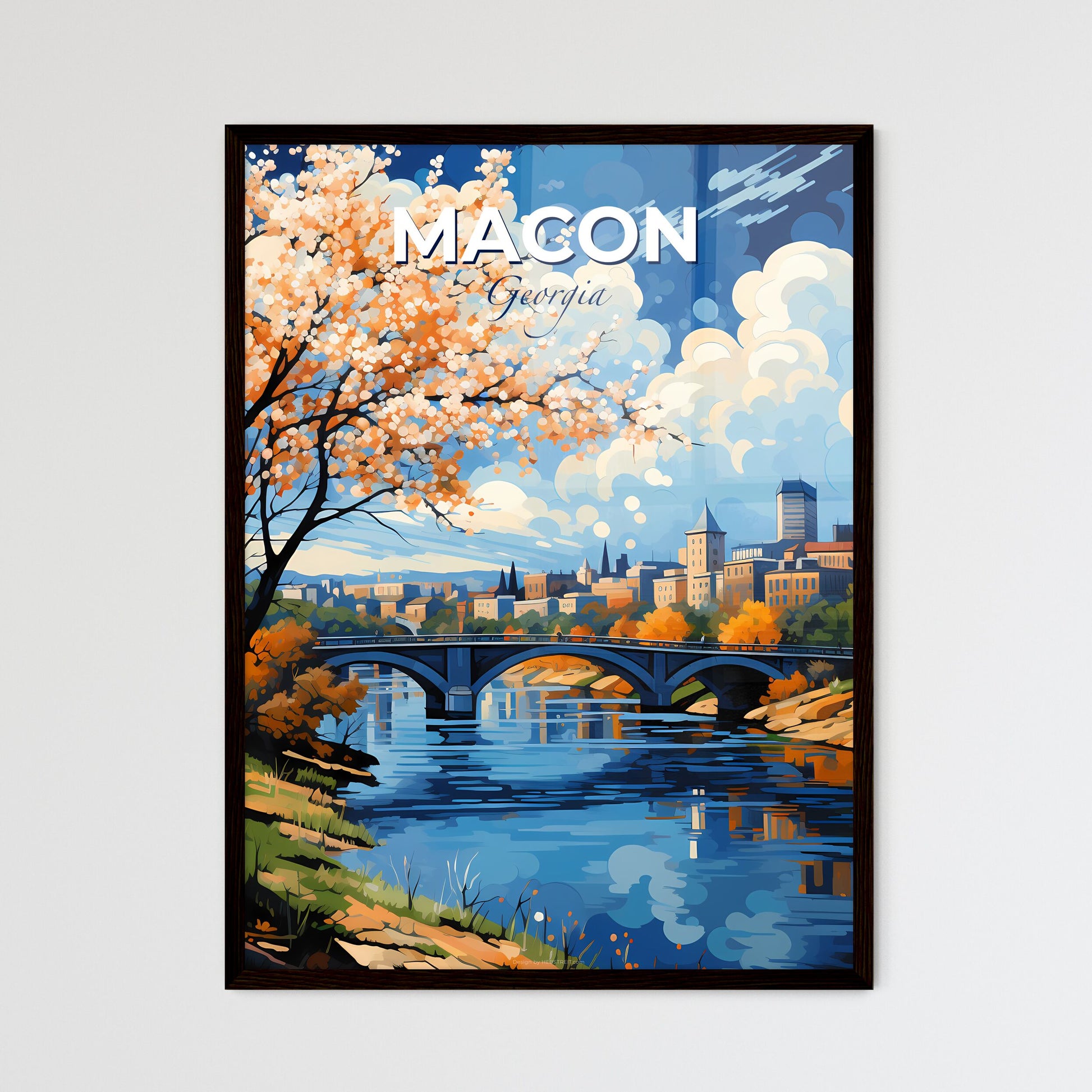 Macon, Georgia, A Poster of a bridge over a river with a tree and a city in the background Default Title