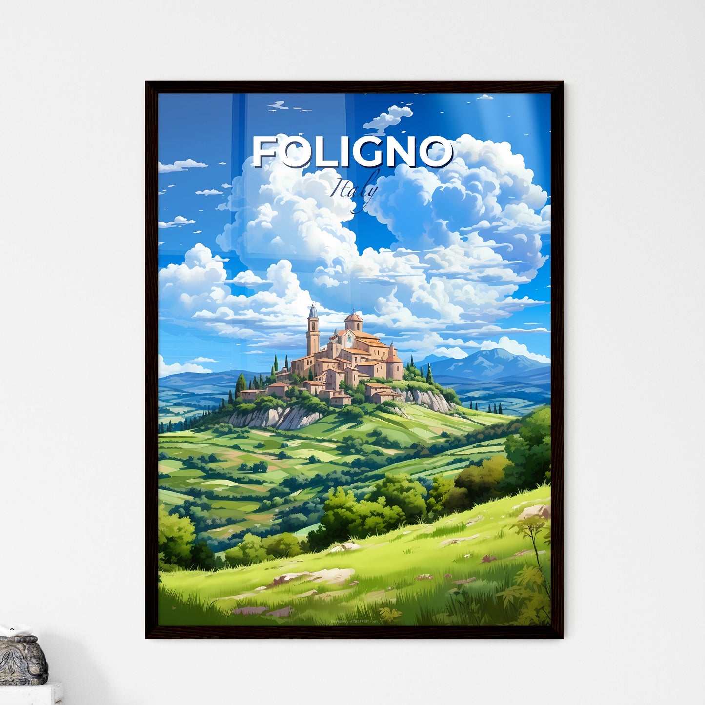 Foligno, Italy, A Poster of a landscape with a castle on a hill Default Title