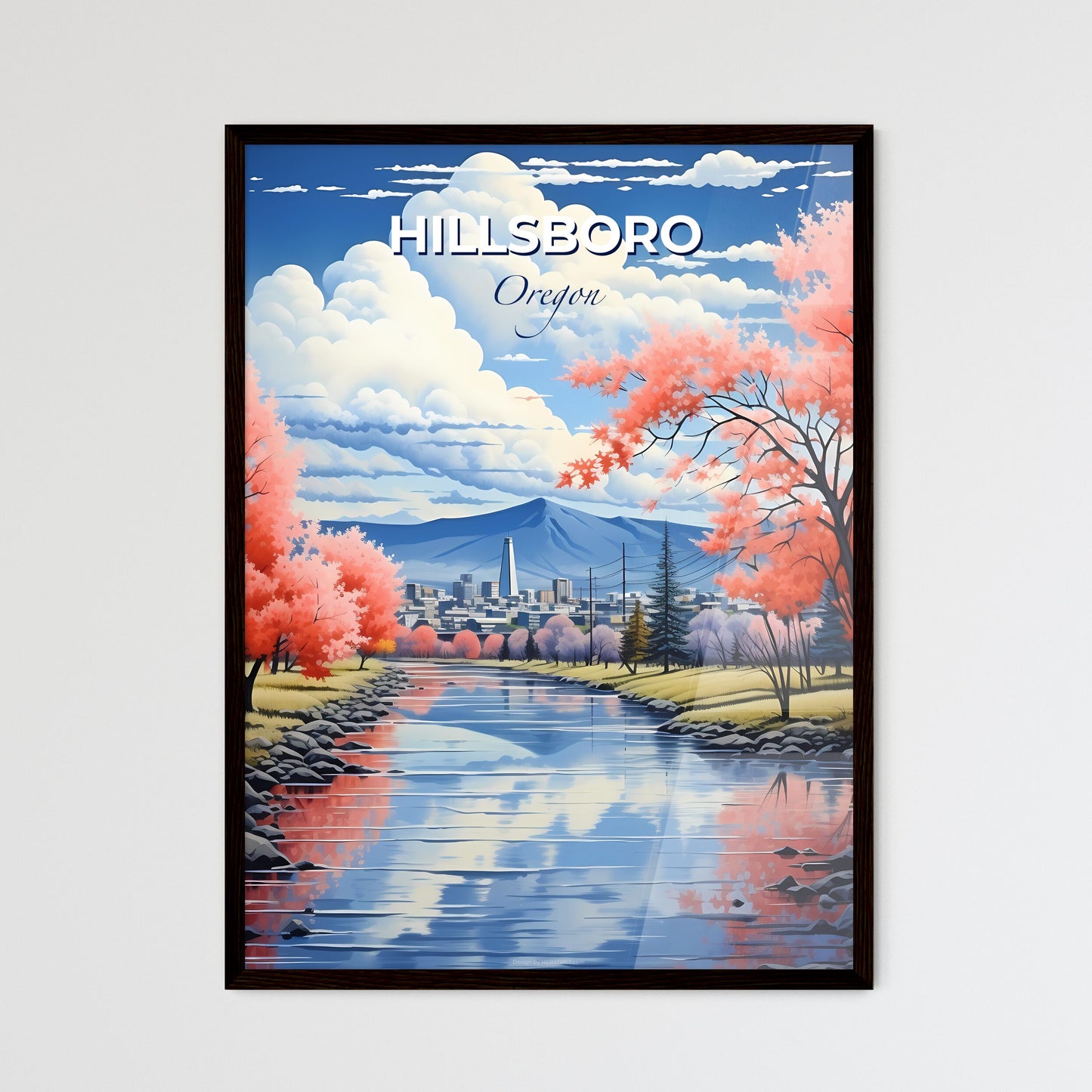 Hillsboro, Oregon, A Poster of a river with pink trees and a city in the background Default Title
