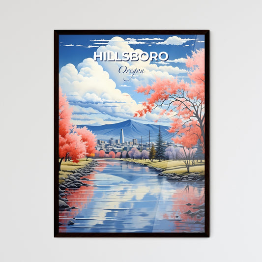 Hillsboro, Oregon, A Poster of a river with pink trees and a city in the background Default Title