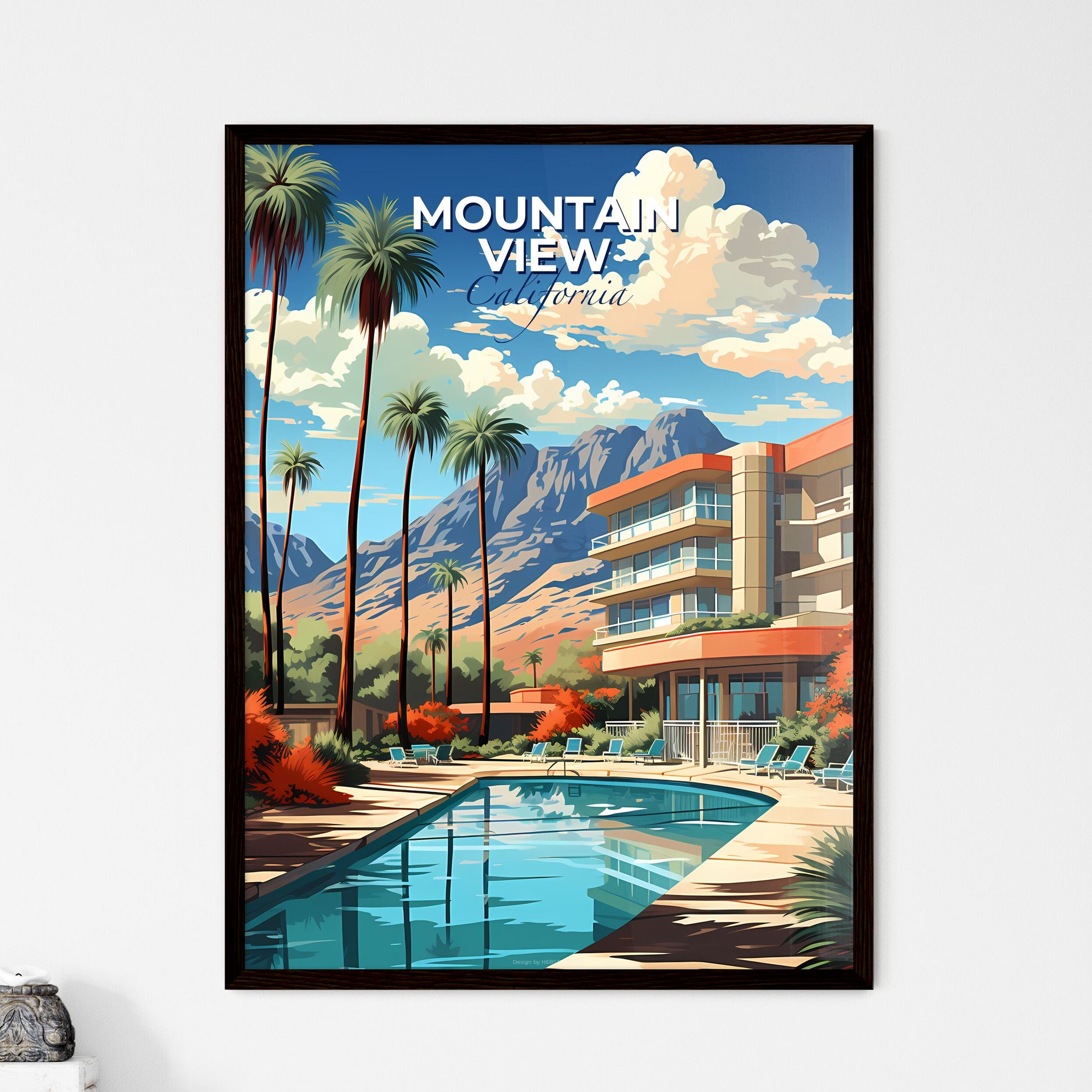 Mountain View, California, A Poster of a pool with palm trees and mountains in the background Default Title