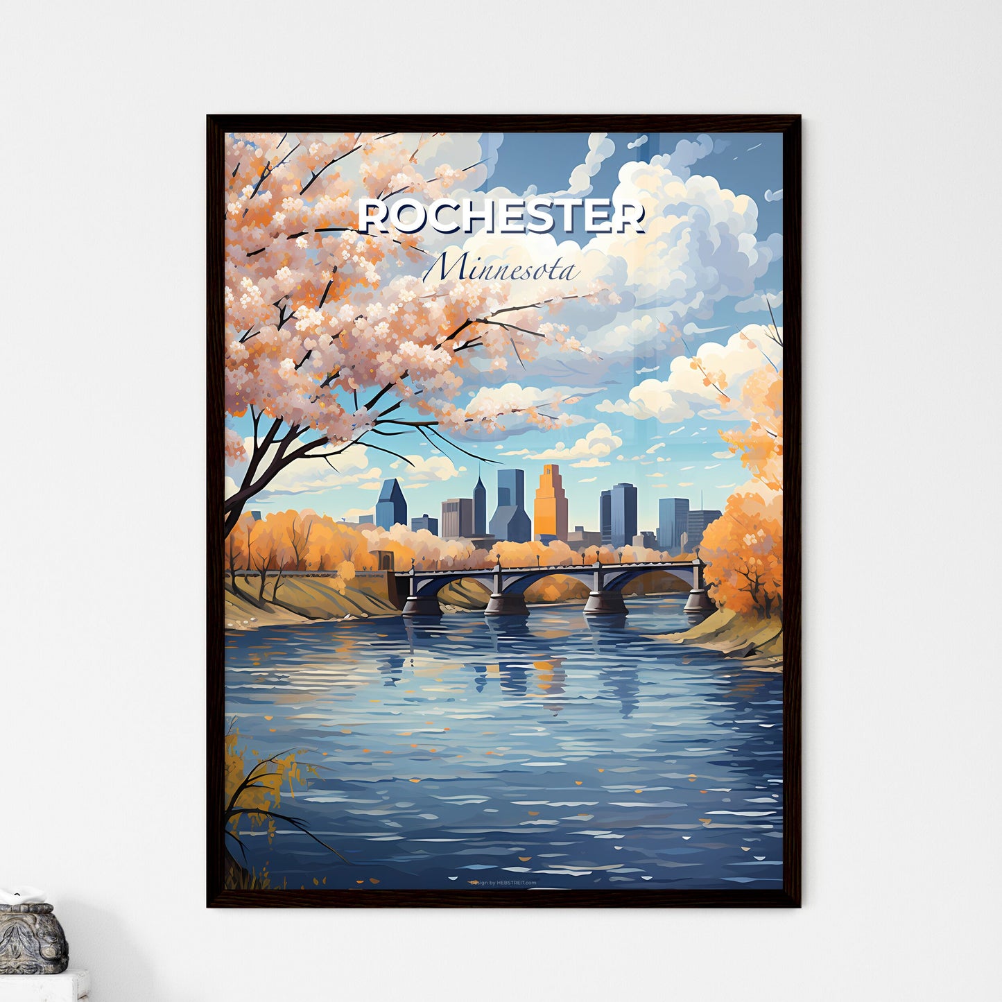 Rochester, Minnesota, A Poster of a bridge over a river with trees and a city in the background Default Title