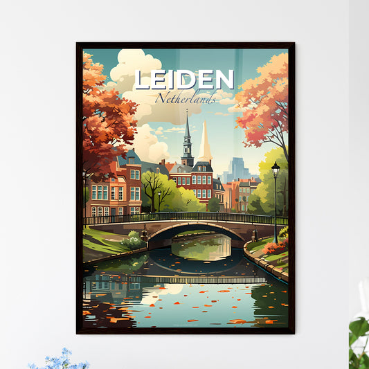 Leiden, Netherlands, A Poster of a bridge over a river with trees and buildings in the background Default Title