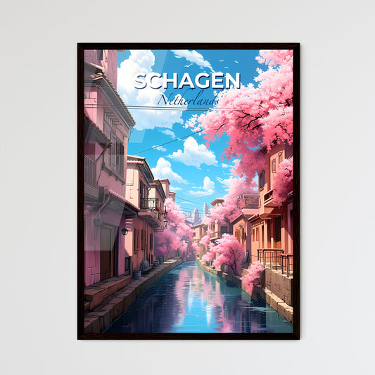 Schagen, Netherlands, A Poster of a canal with pink trees and buildings Default Title