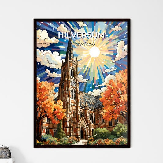 Hilversum, Netherlands, A Poster of a church with a clock tower and trees Default Title