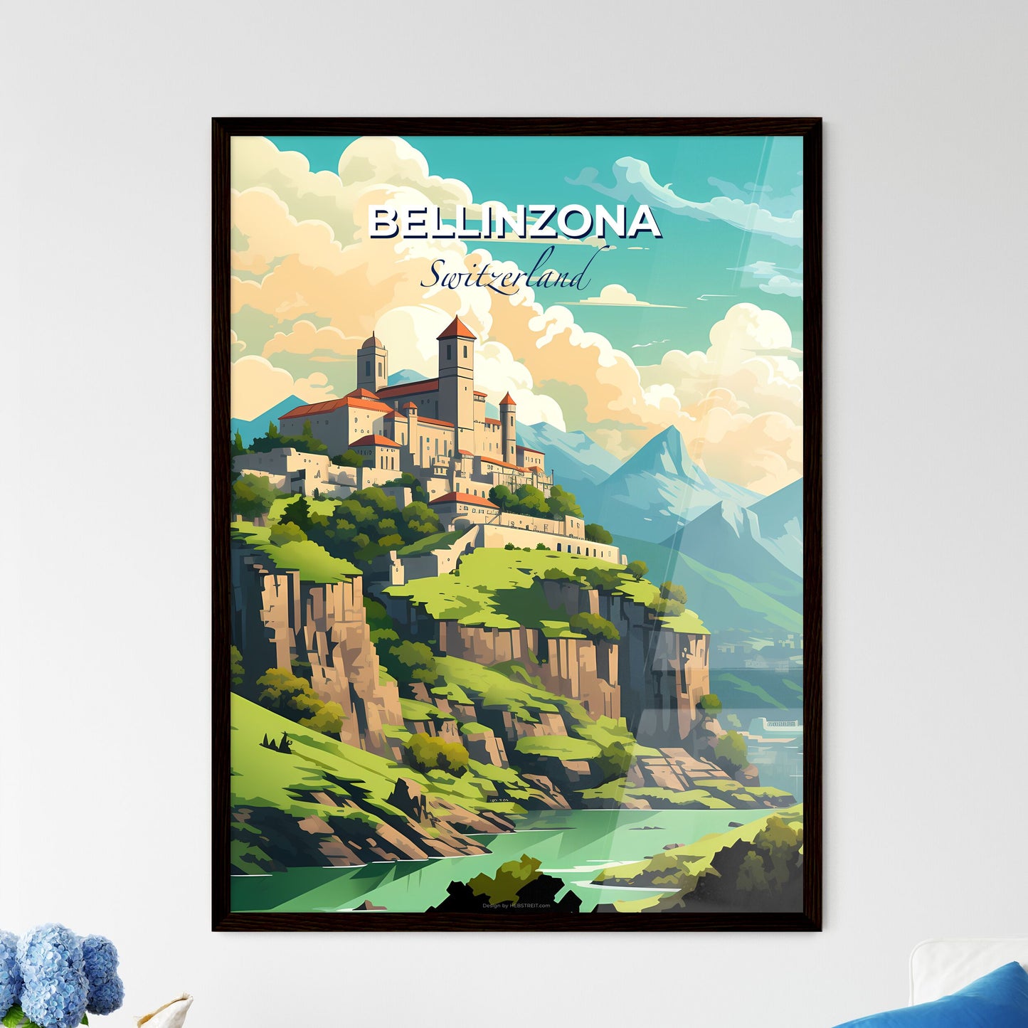 Bellinzona, Switzerland, A Poster of a castle on a hill with trees and mountains Default Title