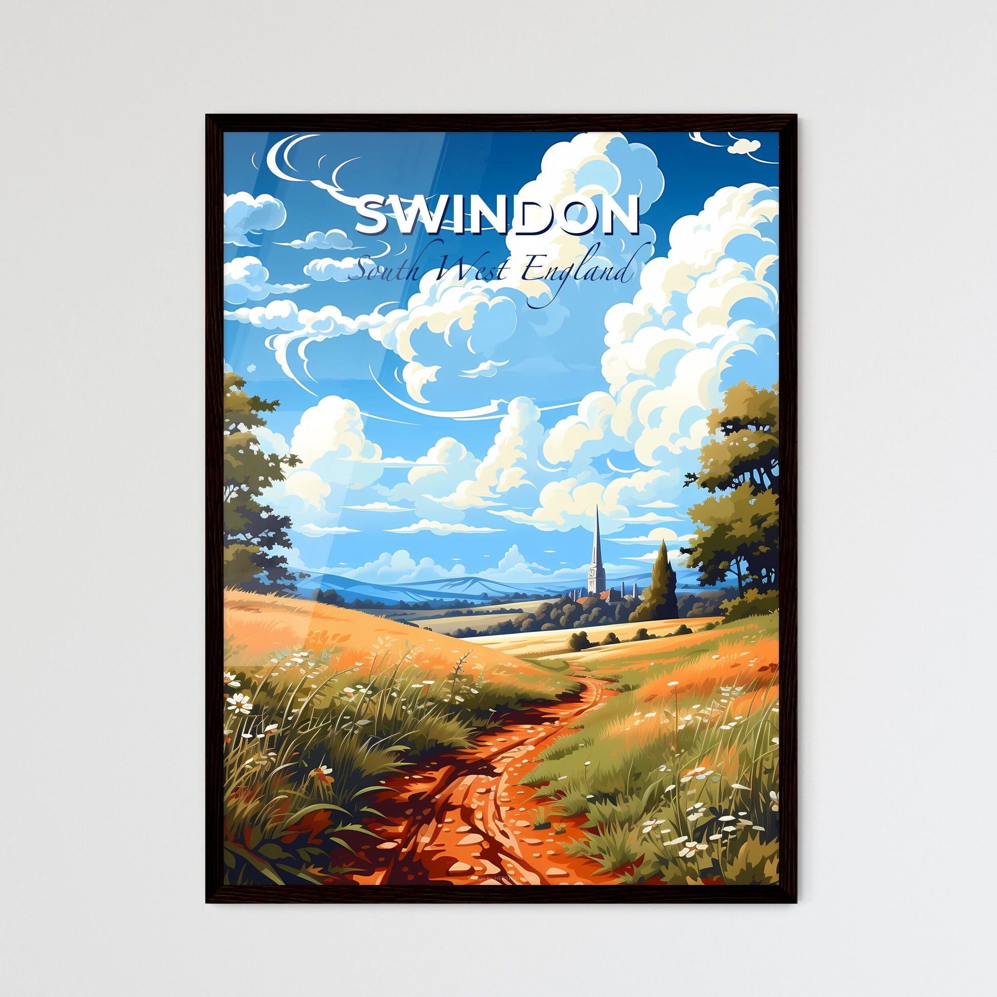 Swindon, South West England, A Poster of a dirt road through a field with trees and a church in the background Default Title