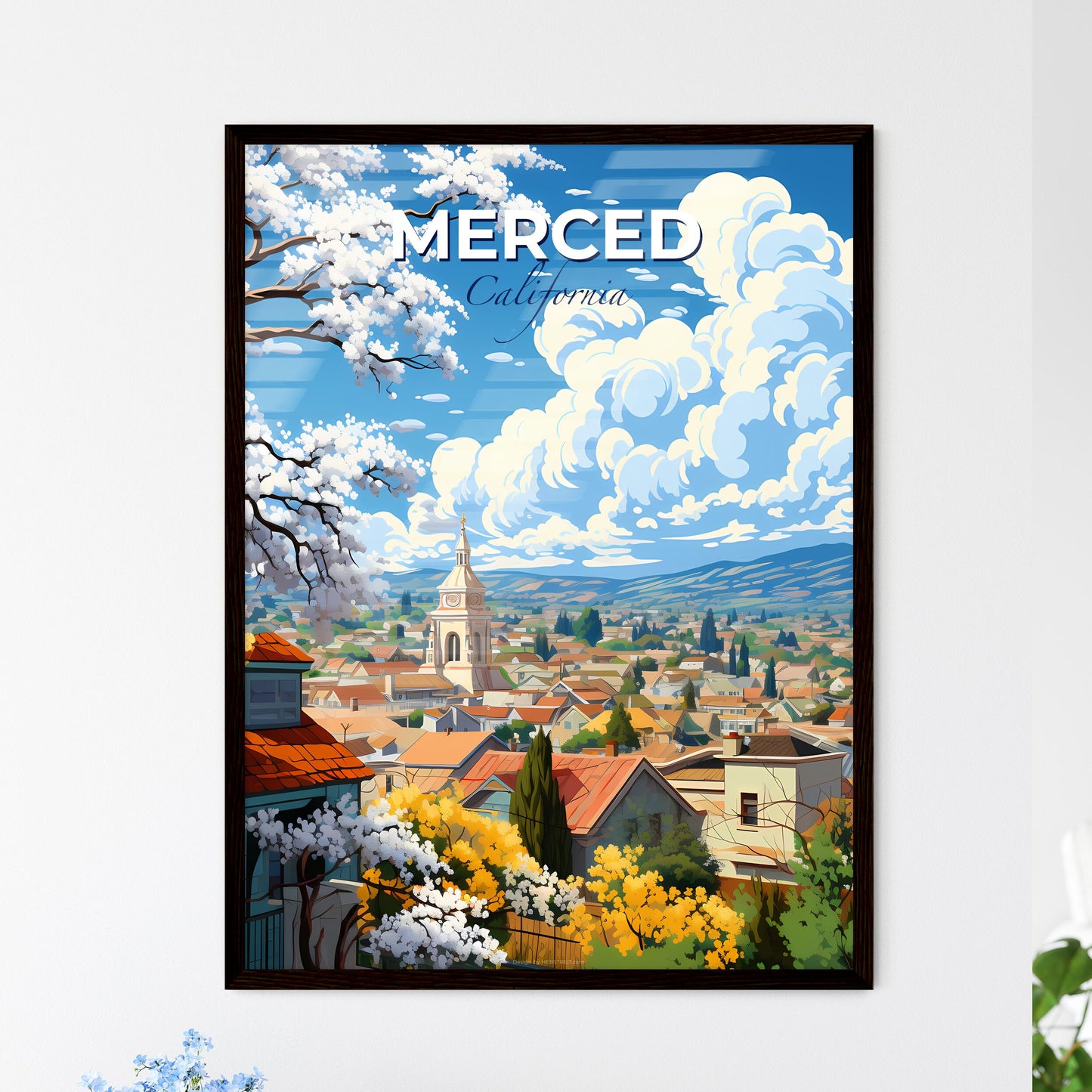 Merced, California, A Poster of a landscape of a town with a church and trees Default Title