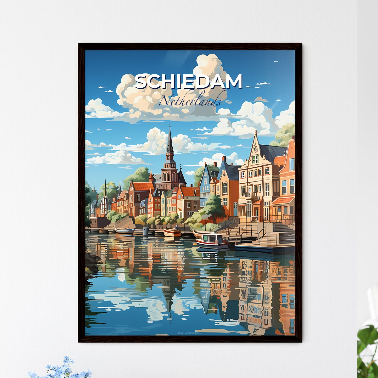 Schiedam, Netherlands, A Poster of a water body of water with buildings and boats Default Title