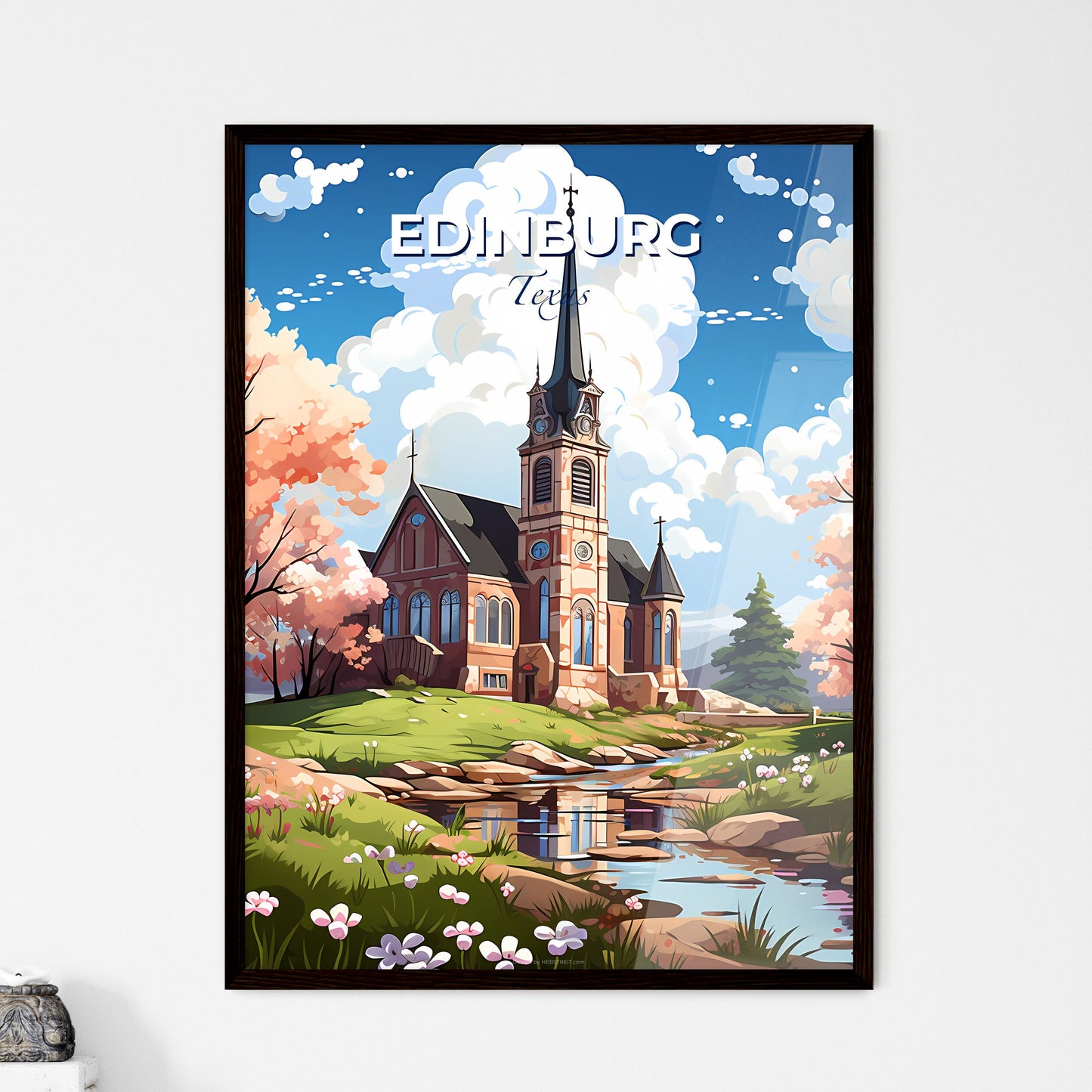 Edinburg, Texas, A Poster of a church with a steeple and a stream of water Default Title