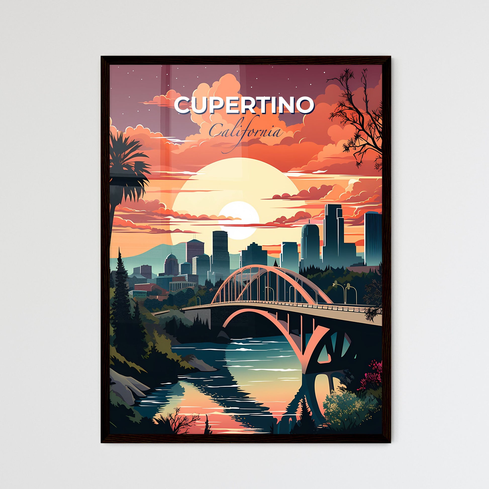 Cupertino, California, A Poster of a bridge over a river with a city in the background Default Title