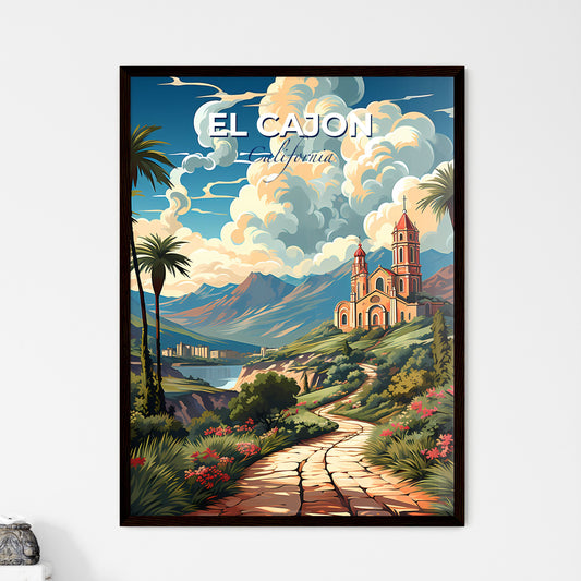 El Cajon, California, A Poster of a painting of a building on a hill with palm trees and mountains Default Title