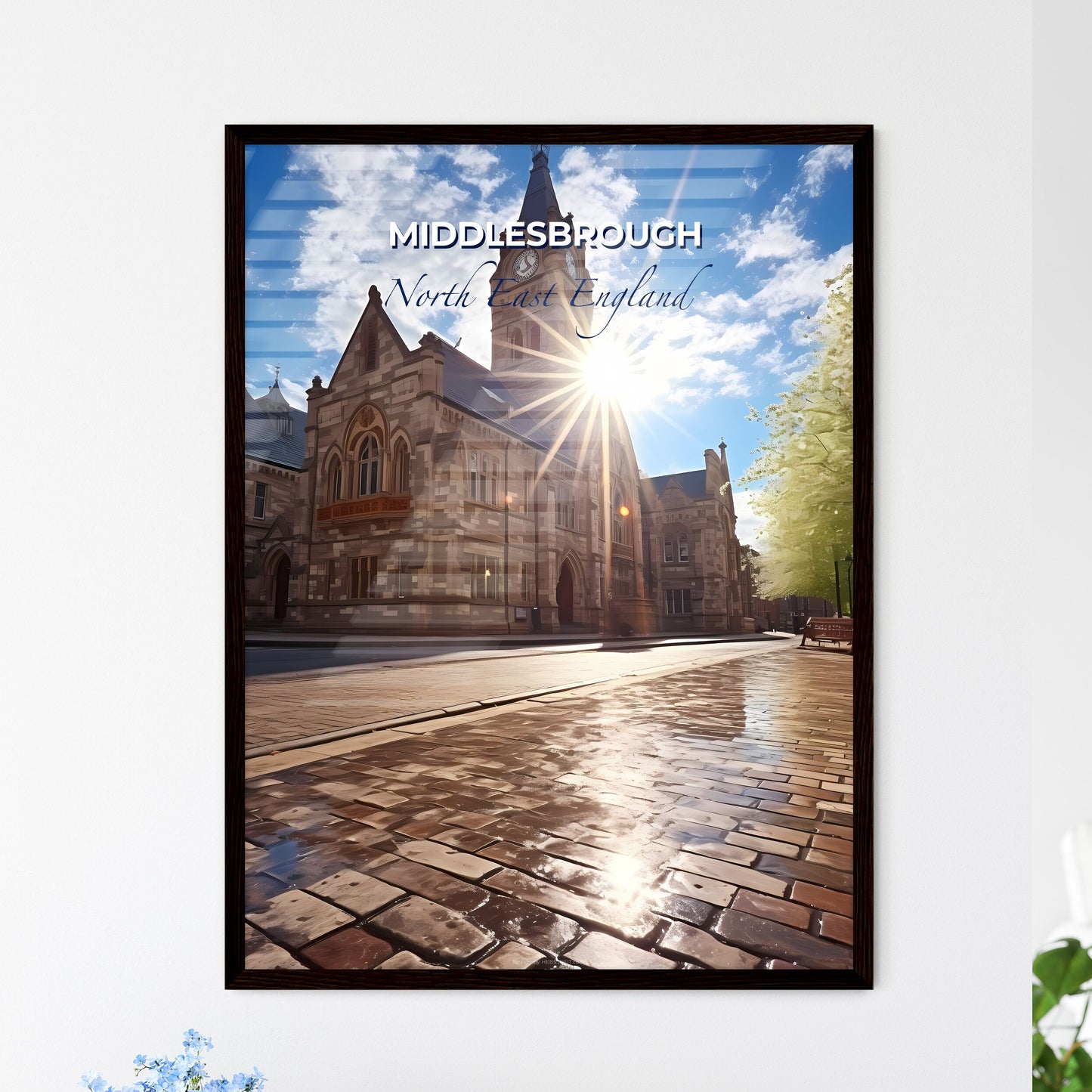 Middlesbrough, North East England, A Poster of a building with a clock tower and a bench in front of it Default Title
