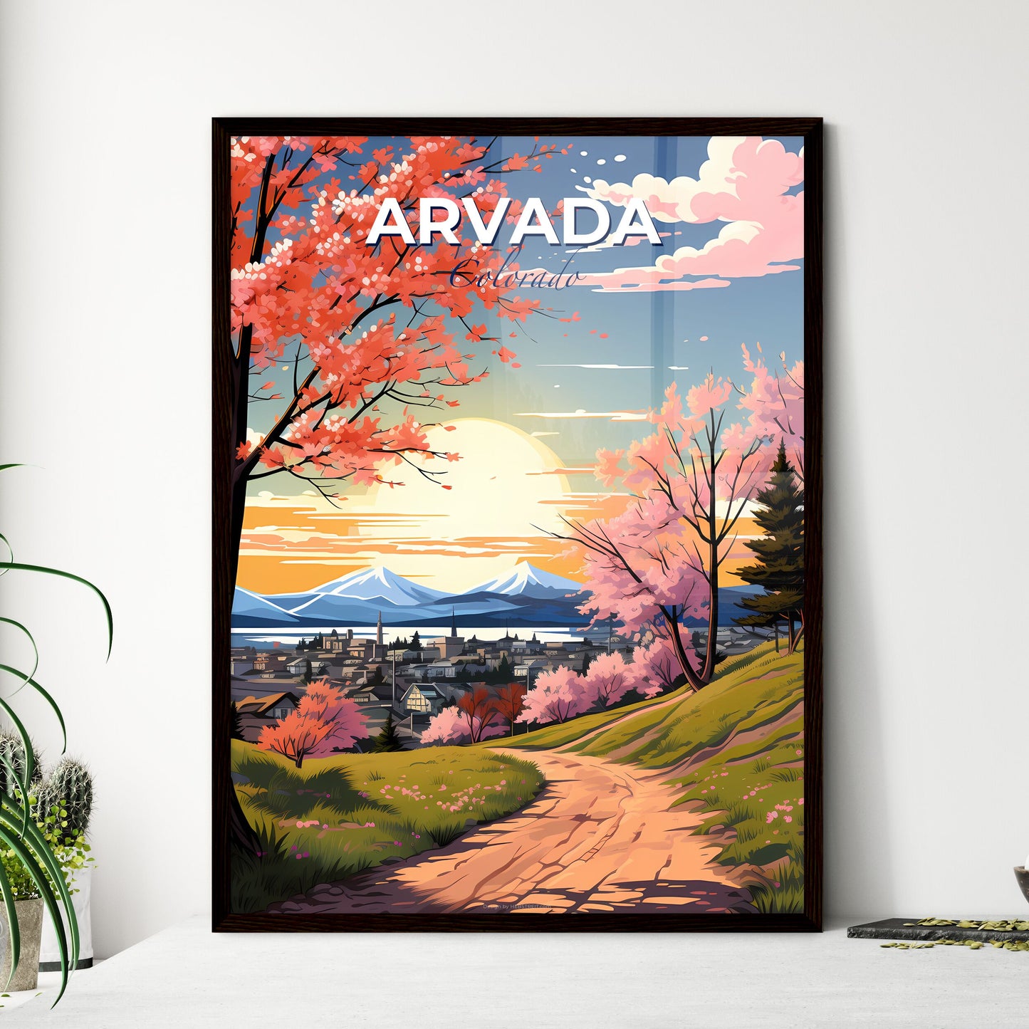 Arvada, Colorado, A Poster of a landscape with a dirt road and trees with pink flowers Default Title